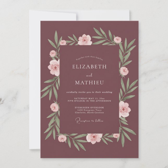 Invitación Boda Corona de Ciruela Polvorienta Suave (Anverso)