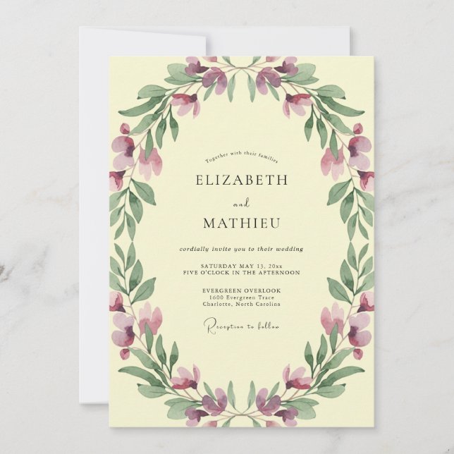 Invitación Boda Corona de Ciruelo Mantequilla Costera (Anverso)