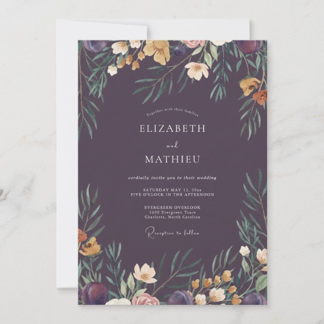 Invitación Boda Corona de Ciruelo Profundo (Anverso)