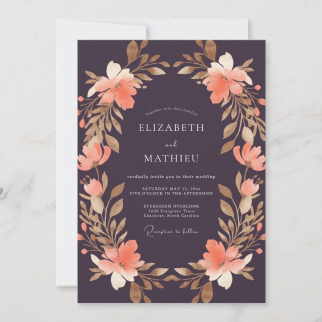 Invitación Boda Corona de Coral Ciruela (Anverso)