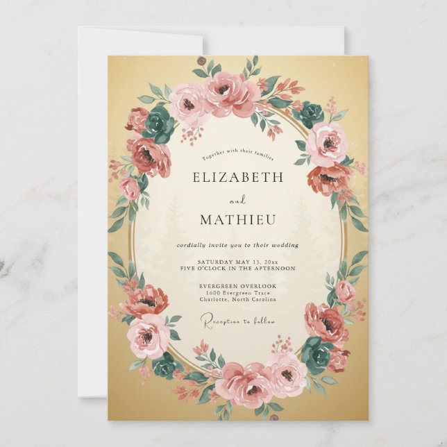 Invitación Boda Corona de Coral Dorado (Anverso)
