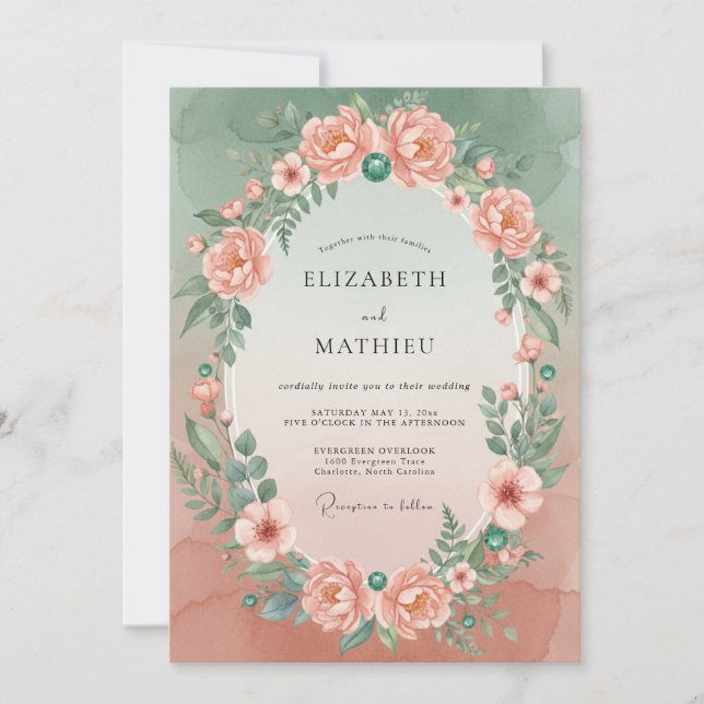 Invitación Boda Corona de Coral Muted y Menta (Anverso)
