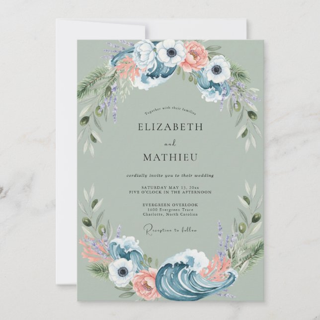 Invitación Boda Corona de Coral Suave Pizarra (Anverso)