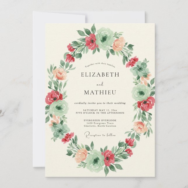 Invitación Boda Corona de Coral y Menta (Anverso)