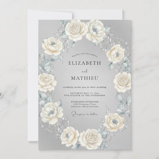 Invitación Boda Corona de Crema de Plata (Anverso)