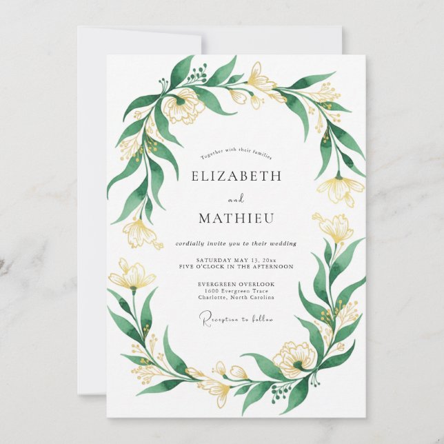 Invitación Boda Corona de Crema Esmeralda (Anverso)