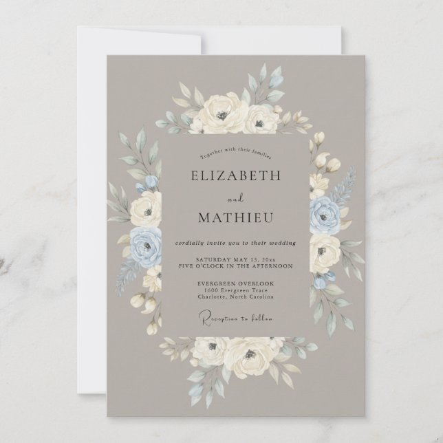 Invitación Boda Corona de Flor de Aciano Beige (Anverso)
