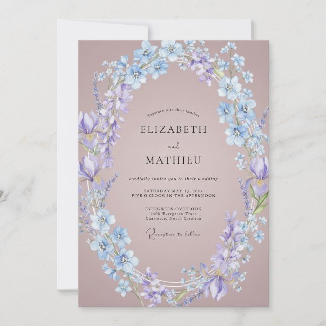 Invitación Boda Corona de Flor de Aciano Malva (Anverso)