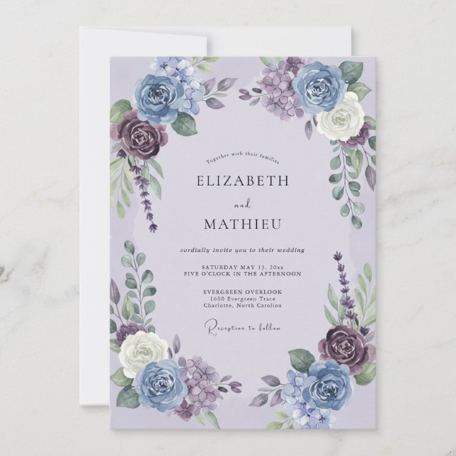 Invitación Boda Corona de Flor de Azul Polvoriento (Anverso)