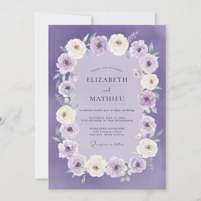 Invitación Boda Corona de Flor de Lila (Anverso)