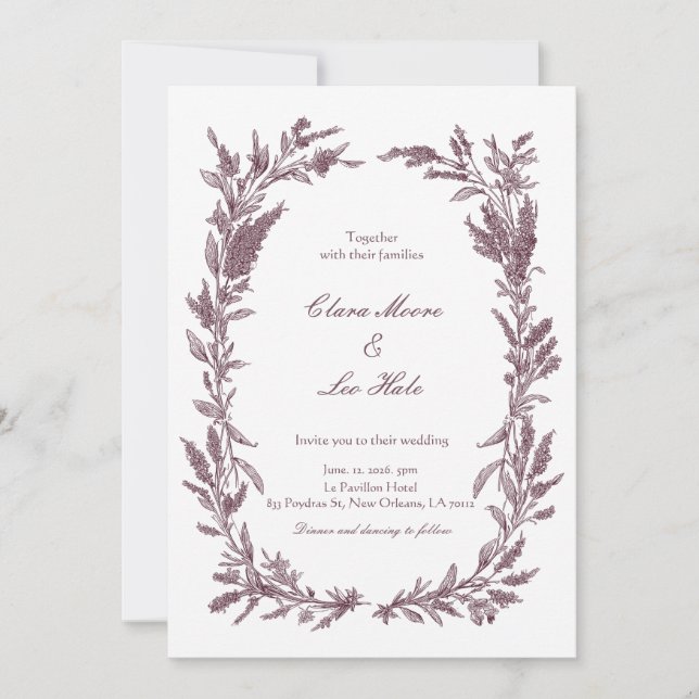 Invitación Boda Corona De Flores Silvestres Burgundy Rústico (Anverso)
