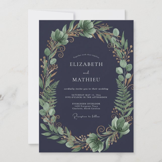 Invitación Boda Corona de Helecho de Obsidiana (Anverso)
