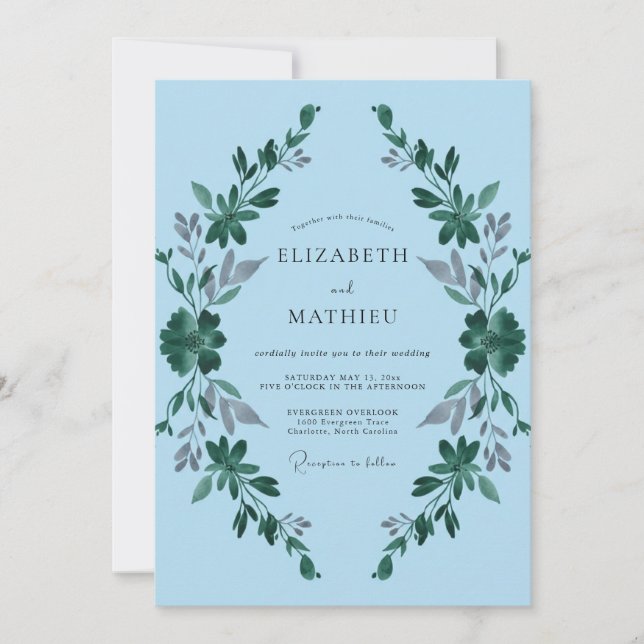 Invitación Boda Corona de Hojas Cerúlea (Anverso)