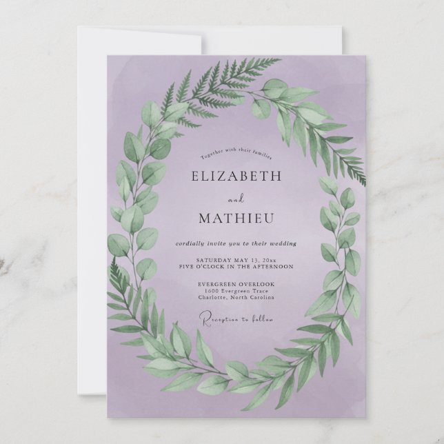 Invitación Boda Corona de Hojas de Lila (Anverso)