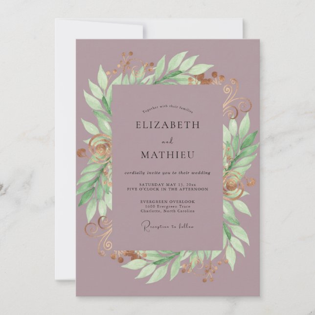 Invitación Boda Corona de Hojas Malva (Anverso)