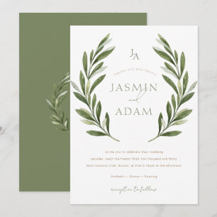 Invitación Boda Corona de Laurel Verde Salvia Elegante