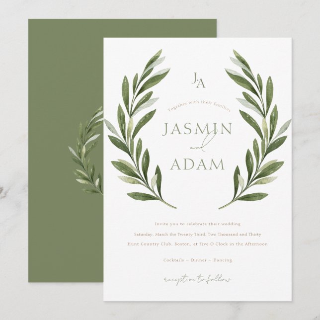 Invitación Boda Corona de Laurel Verde Salvia Elegante (Anverso / Reverso)