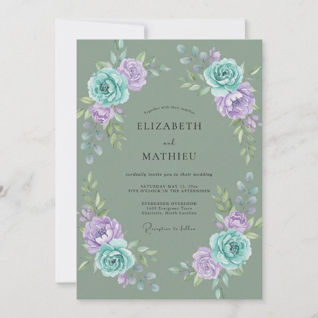 Invitación Boda Corona de Lavanda Acuática (Anverso)