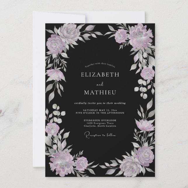 Invitación Boda Corona de Lavanda Negra (Anverso)