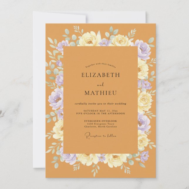 Invitación Boda Corona de Lavanda Ocra (Anverso)
