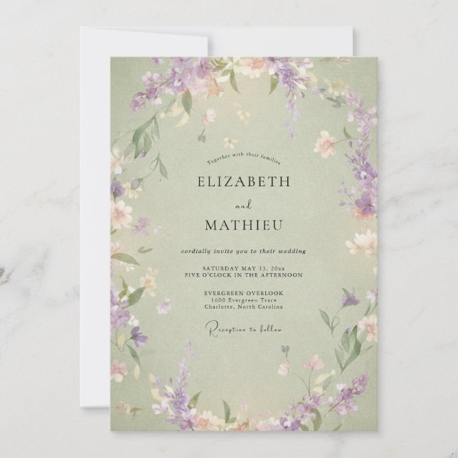 Invitación Boda Corona de Lavanda Pistacho (Anverso)