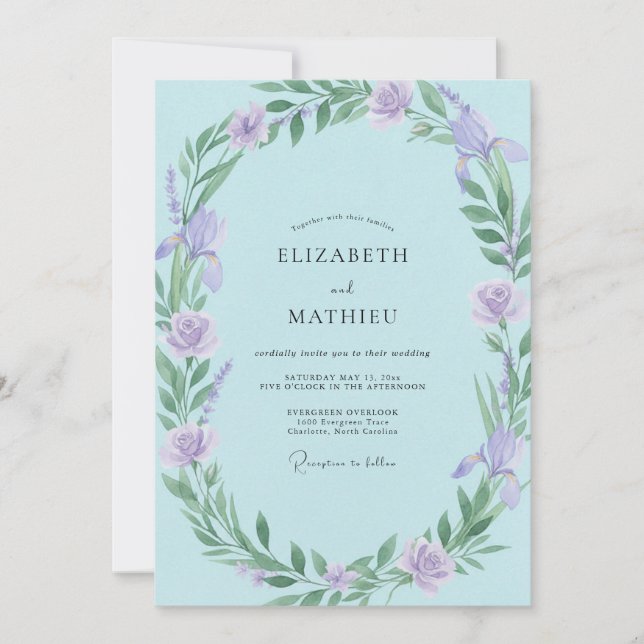 Invitación Boda Corona de Lila Acuática (Anverso)