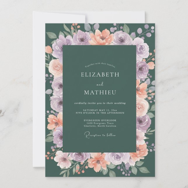 Invitación Boda Corona de Lila Albaricoque Turquesa (Anverso)