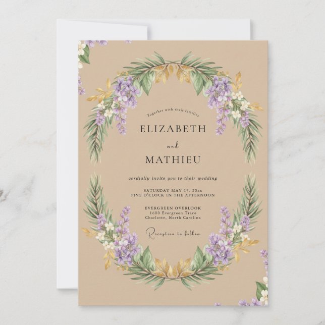 Invitación Boda Corona de Lila Beige (Anverso)