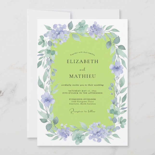 Invitación Boda Corona de Lila Chartreuse (Anverso)