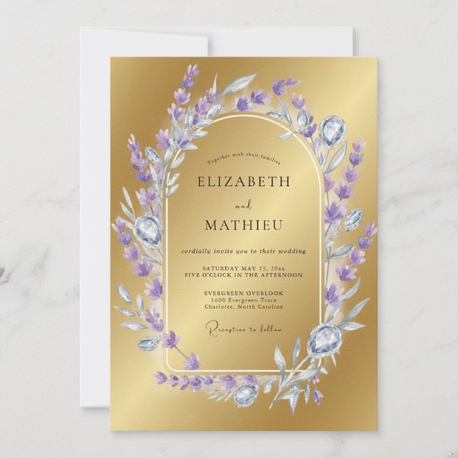 Invitación Boda Corona de Lila Dorada (Anverso)