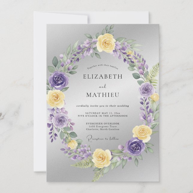 Invitación Boda Corona de Lila Plateada (Anverso)
