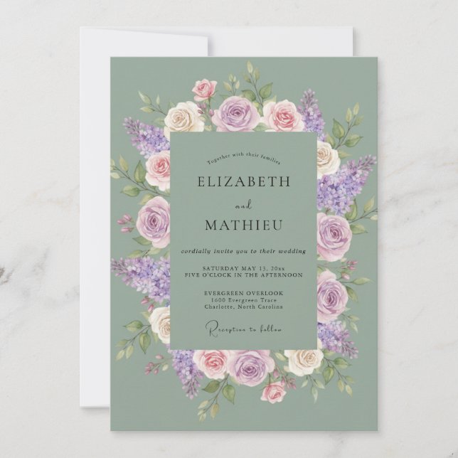 Invitación Boda Corona de Lila Polvo Menta (Anverso)
