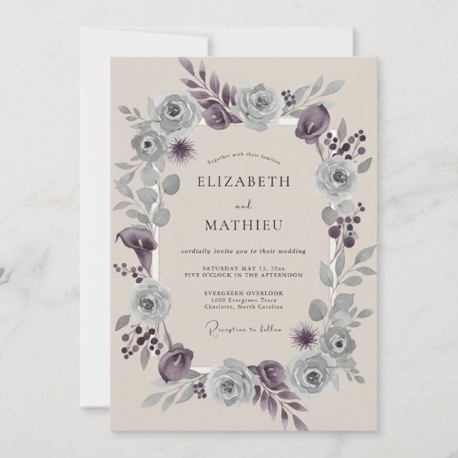 Invitación Boda Corona de Lila Polvorienta Plateada (Anverso)