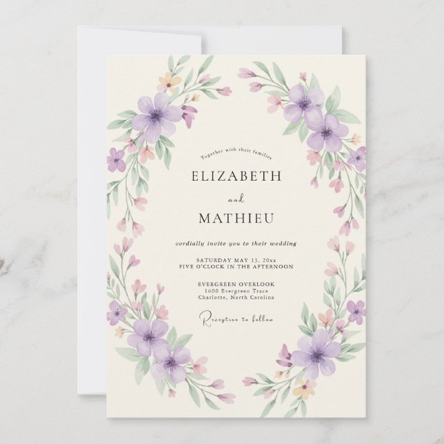 Invitación Boda Corona de Lila y Malva (Anverso)
