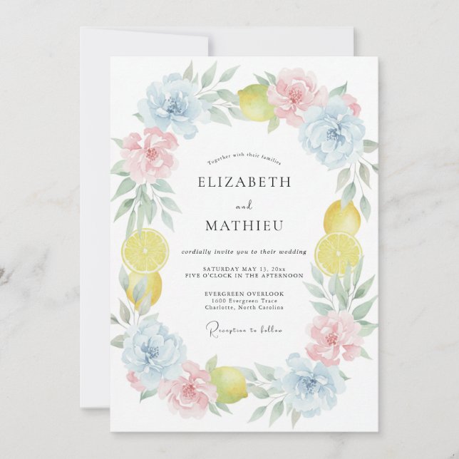 Invitación Boda Corona de Limón Cielo (Anverso)