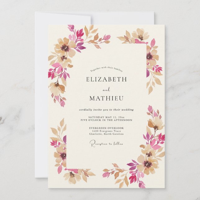Invitación Boda Corona de Magenta y Beige (Anverso)