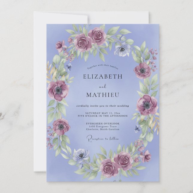 Invitación Boda Corona de Malva Periwinkle (Anverso)