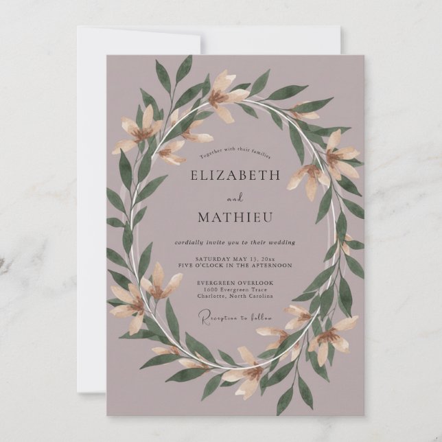 Invitación Boda Corona de Mauve Polvoriento (Anverso)