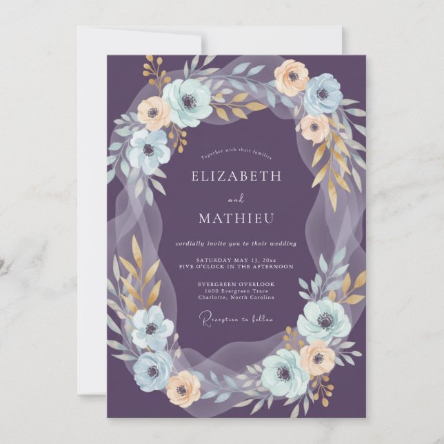 Invitación Boda Corona de Melocotón Púrpura Profundo (Anverso)