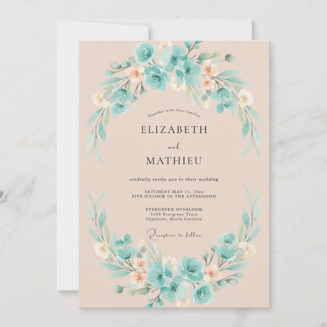 Invitación Boda Corona de Melocotón Turquesa (Anverso)