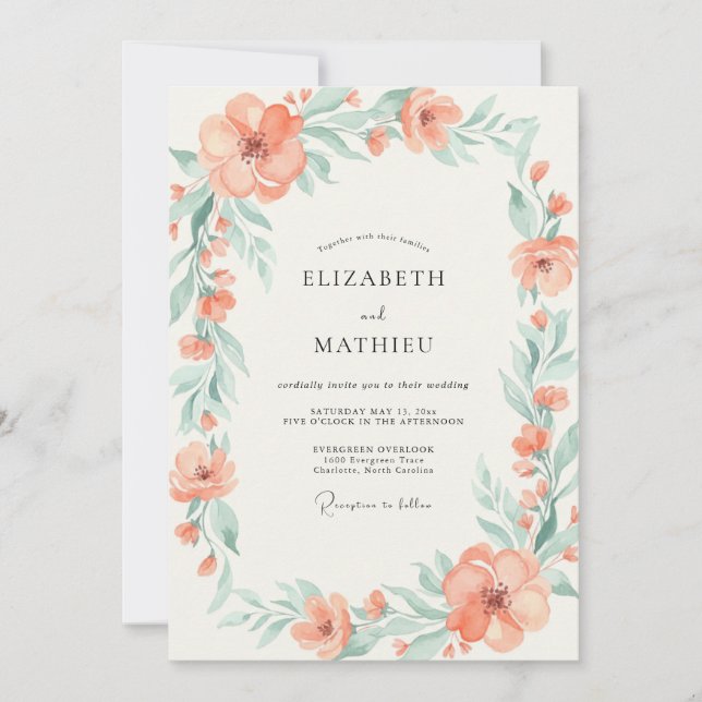 Invitación Boda Corona de Menta Coral (Anverso)