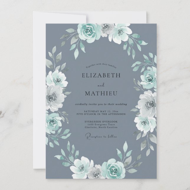 Invitación Boda Corona de Menta Gris Pizarra (Anverso)