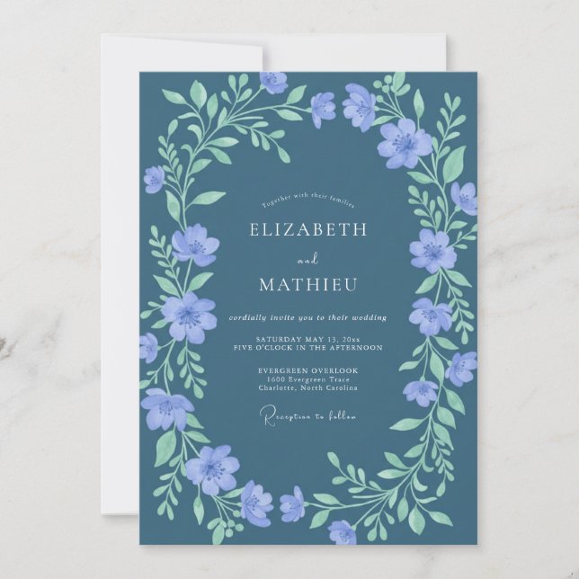 Invitación Boda Corona de Menta y Periwinkle Suave (Anverso)