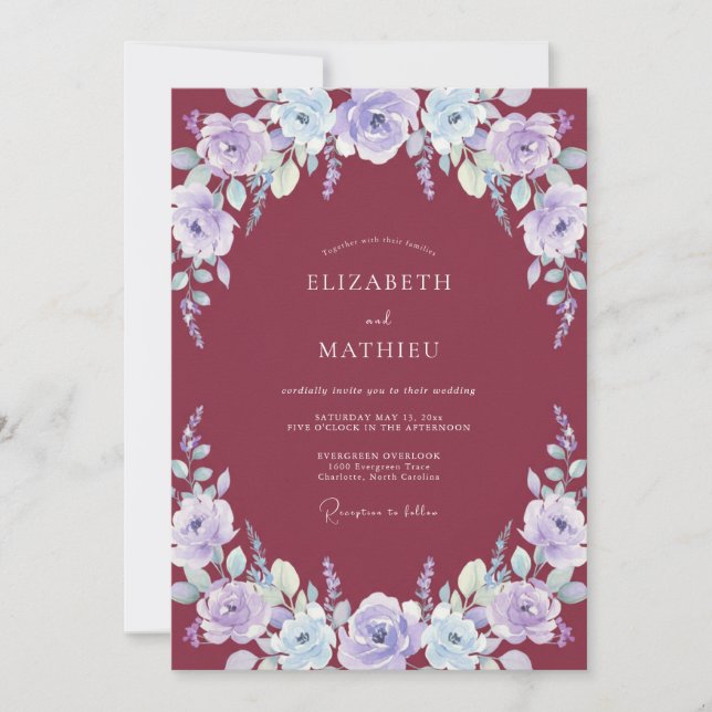 Invitación Boda Corona de Merlot Periwinkle (Anverso)