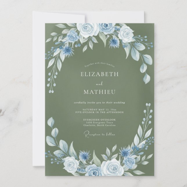 Invitación Boda Corona de Musgo Azul (Anverso)