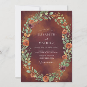Invitación Boda Corona de Naranja Quemada y Granate