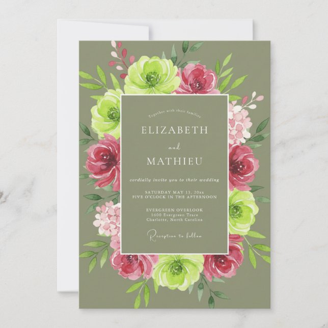 Invitación Boda Corona de Oliva Fucsia (Anverso)