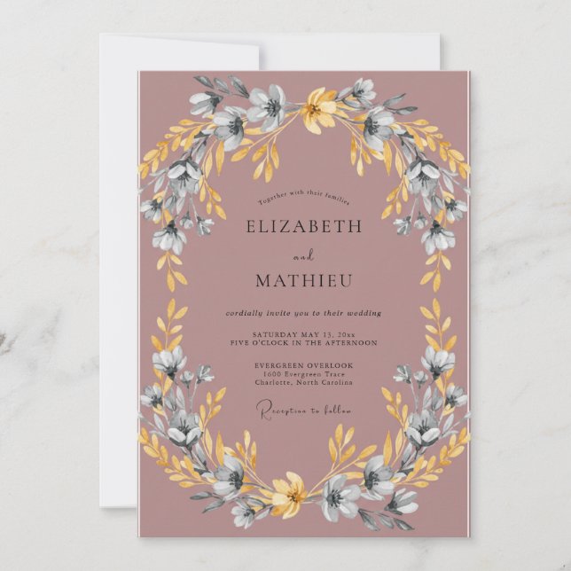 Invitación Boda Corona de Oro Malva Polvoriento (Anverso)