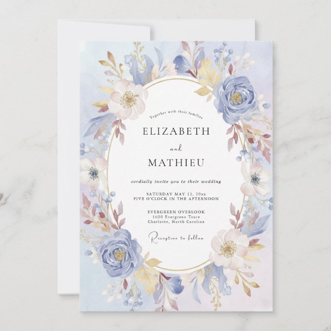 Invitación Boda Corona de Oro y Periwinkle (Anverso)