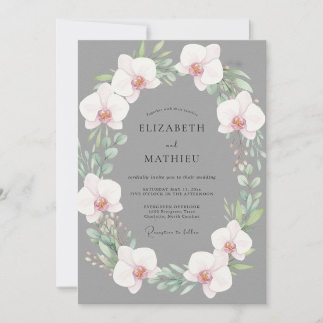 Invitación Boda Corona de Orquídea Pizarra (Anverso)